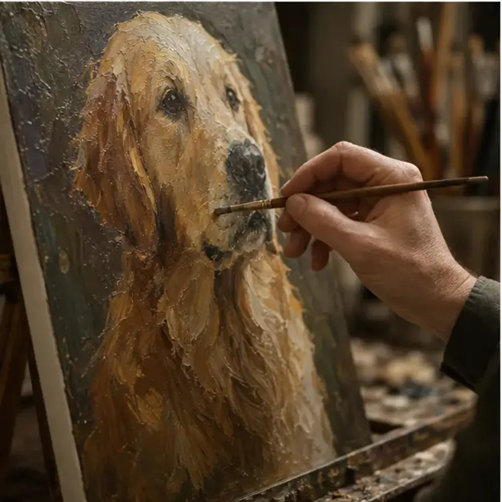 Artist painting a hand-painted pet oil portrait